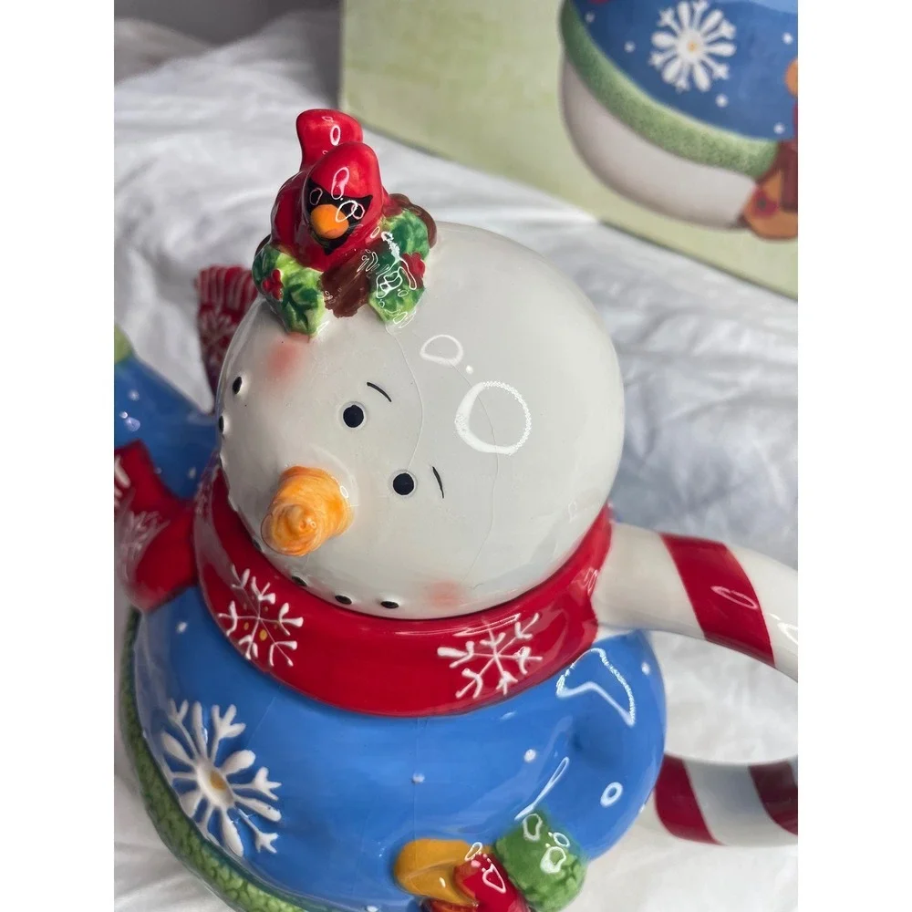 Adorable Snowman Teapot Candy Cane Handle Christmas Holiday Kitchen Decor